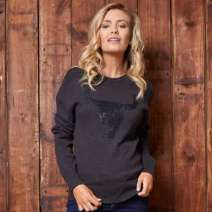 Luxe Embellished Skull Crew Knit Gravel