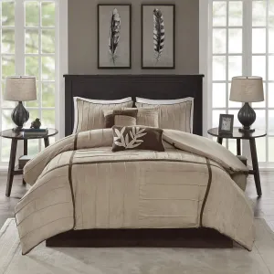 Madison Park Cozy Comforter Set Casual Blocks Design All Season, Matching Bed Skirt, Decorative Pillows, Queen(90"x90"), Dune Suede, Beige Brown, 7 Piece