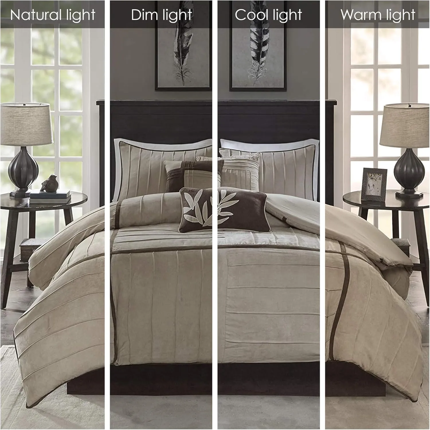 Madison Park Cozy Comforter Set Casual Blocks Design All Season, Matching Bed Skirt, Decorative Pillows, Queen(90"x90"), Dune Suede, Beige Brown, 7 Piece
