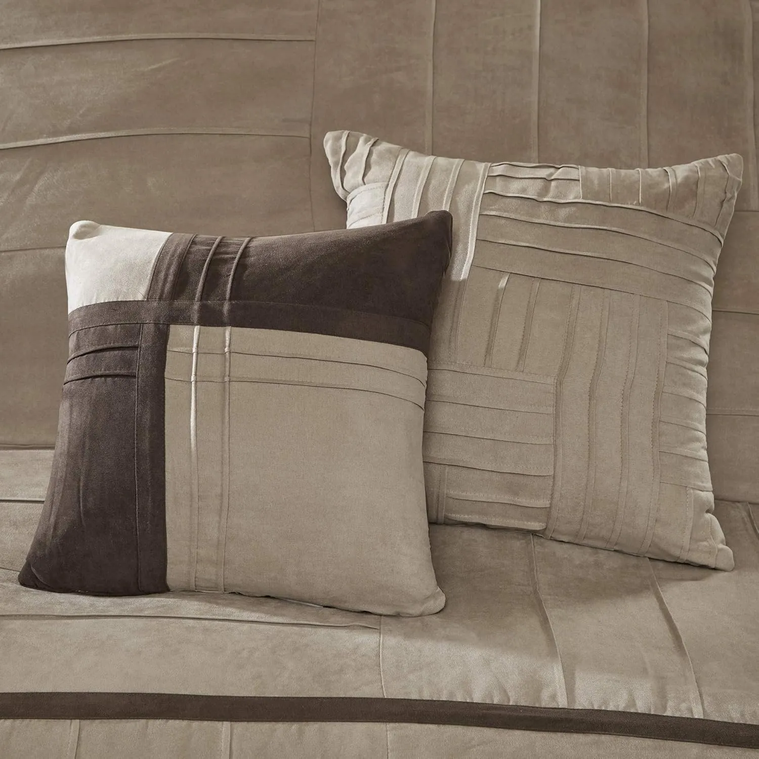 Madison Park Cozy Comforter Set Casual Blocks Design All Season, Matching Bed Skirt, Decorative Pillows, Queen(90"x90"), Dune Suede, Beige Brown, 7 Piece