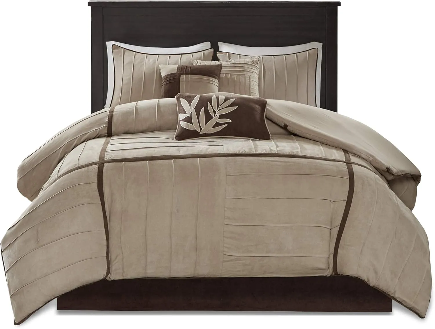 Madison Park Cozy Comforter Set Casual Blocks Design All Season, Matching Bed Skirt, Decorative Pillows, Queen(90"x90"), Dune Suede, Beige Brown, 7 Piece