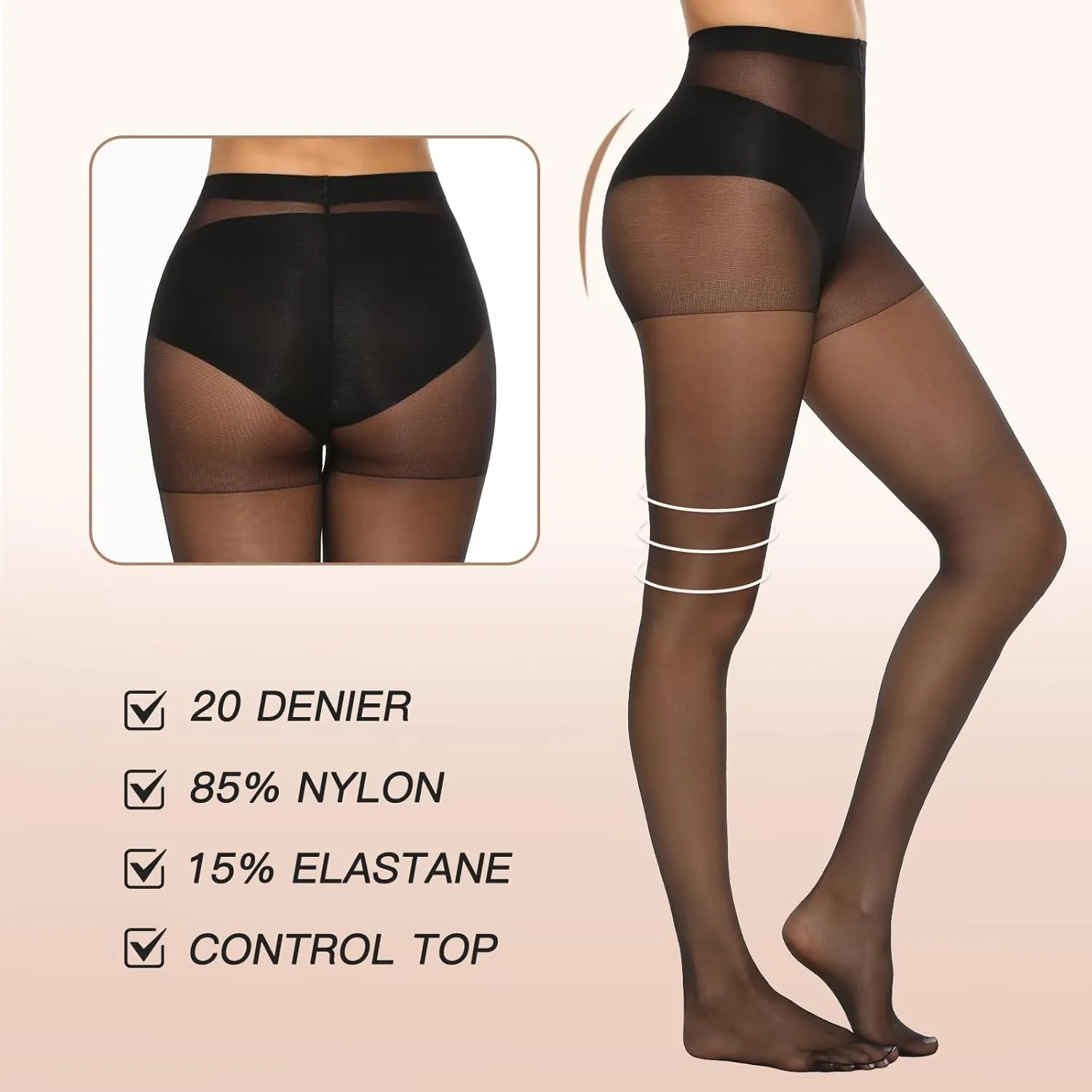 MANZI 6 Pairs 20D Women's Sheer Tights Ultra Thin High Waist Pantyhose Thigh Stockings