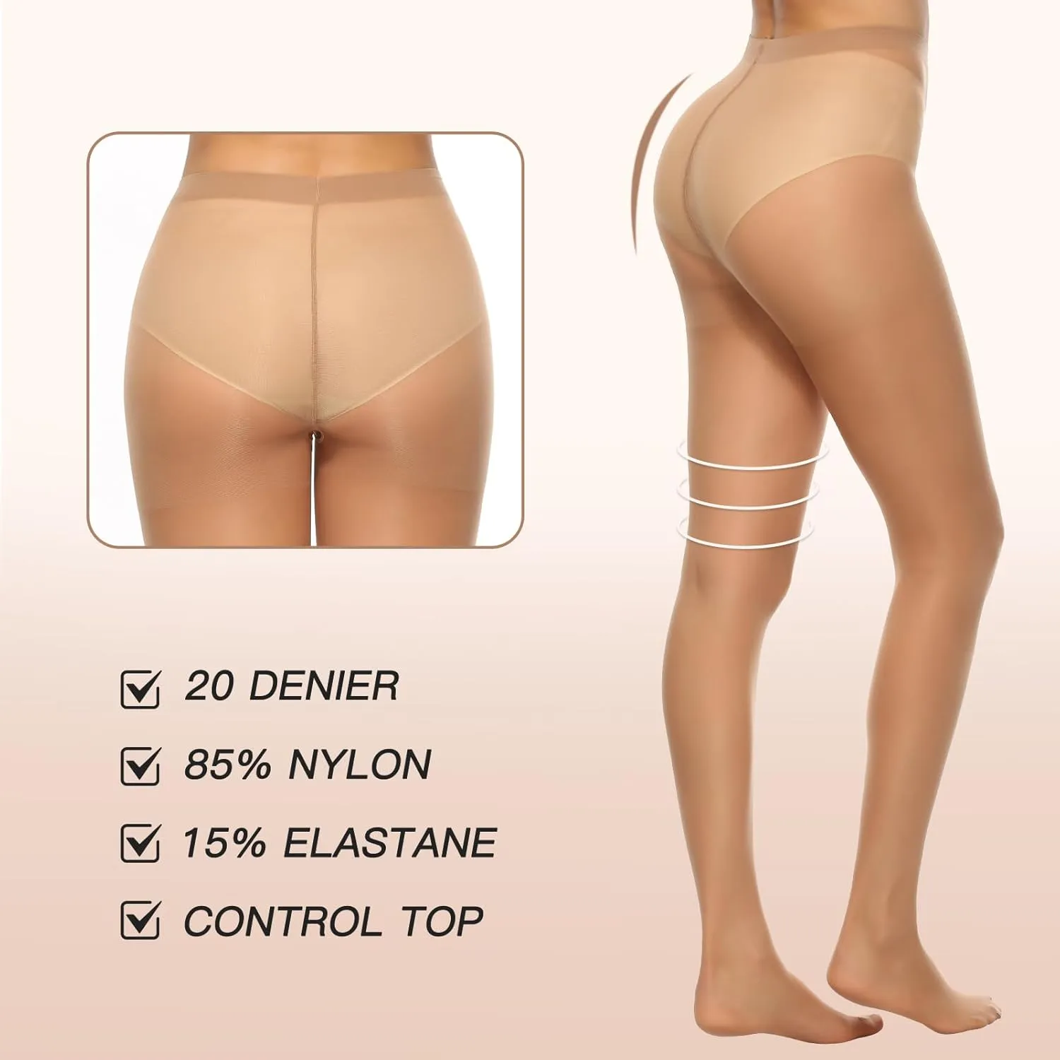 MANZI 6 Pairs 20D Women's Sheer Tights Ultra Thin High Waist Pantyhose Thigh Stockings