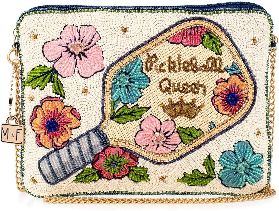 Mary Frances Pickle Ball Queen Beaded Crossbody Handbag with Removable Chain Strap, Multicolor