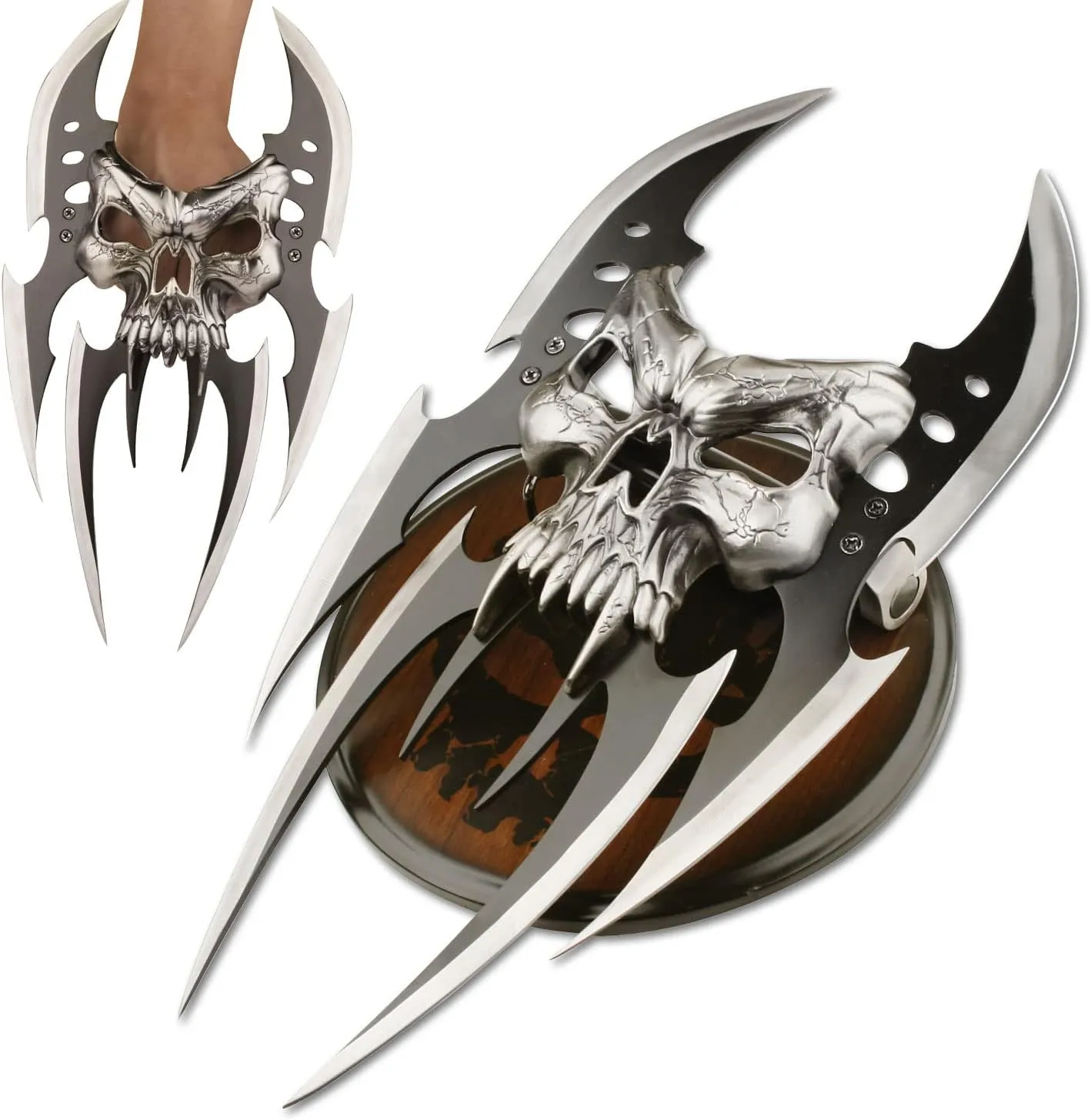 Masters Collection – Fantasy Claw Display Knife – Black and Satin Finish Stainless Steel Blades, Cast Metal Skull, Includes Wood Display Stand, Collectible, Self Defense – MC-2091, 13-Inch