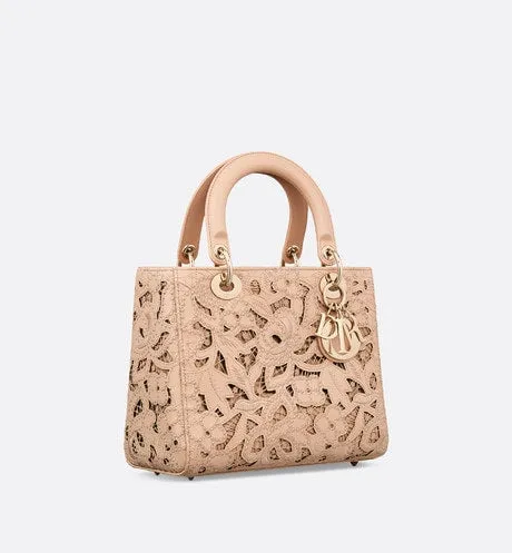 Medium Lady Dior Bag • Sand Pink Calfskin and D-Lace Embroidery with Macramé Effect