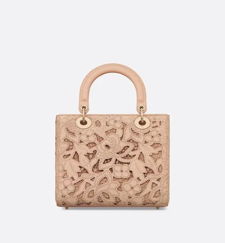 Medium Lady Dior Bag • Sand Pink Calfskin and D-Lace Embroidery with Macramé Effect