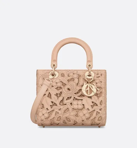 Medium Lady Dior Bag • Sand Pink Calfskin and D-Lace Embroidery with Macramé Effect