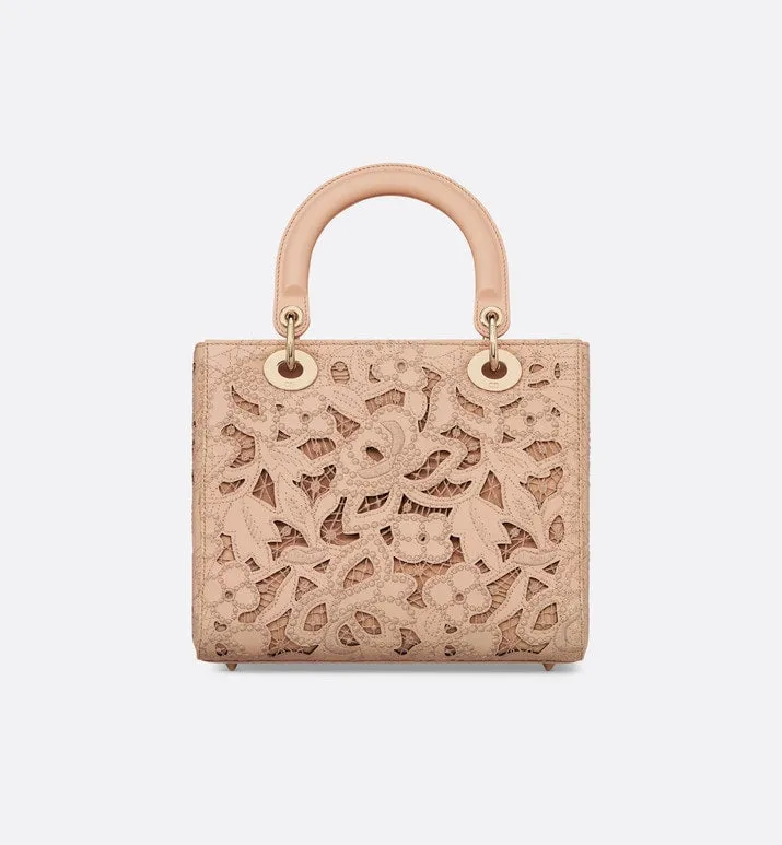 Medium Lady Dior Bag • Sand Pink Calfskin and D-Lace Embroidery with Macramé Effect