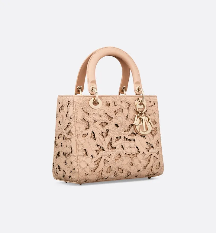 Medium Lady Dior Bag • Sand Pink Calfskin and D-Lace Embroidery with Macramé Effect