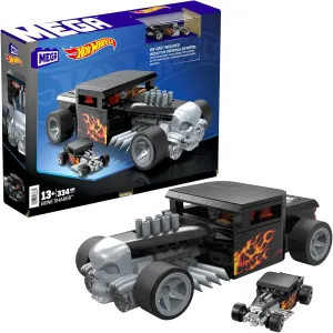 MEGA Hot Wheels Race Car Building Toys Set, Bone Shaker with 334 Pieces and Metal Die-Cast Model, Collector Replica, Black and Chrome, Kids & Adults