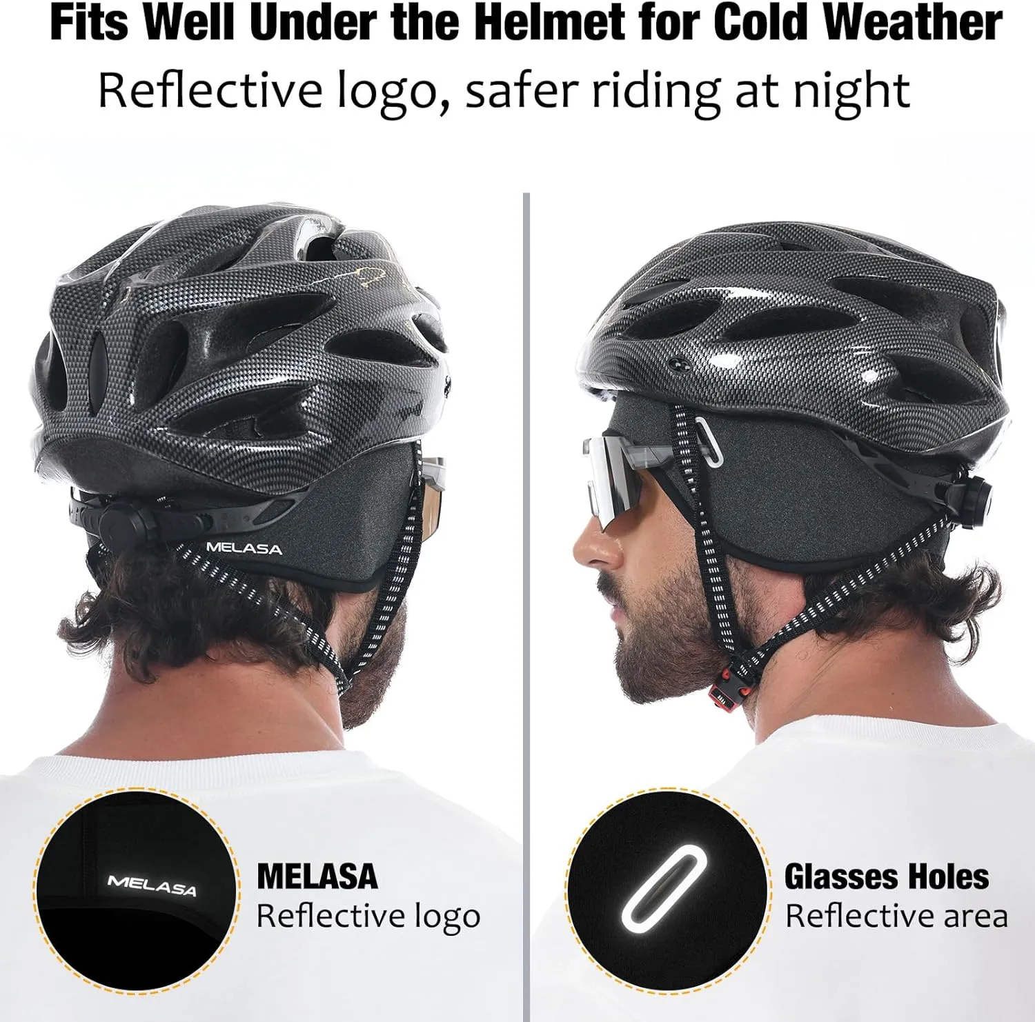 MELASA Winter Helmet Liner Skull Cap, Fleece Lined Warm Cycling Cap with Glasses Holes, Thermal Hat Beanie for Men Women