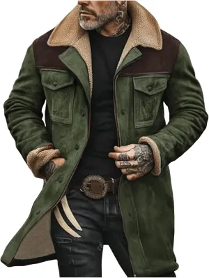 Men Vintage Suede Jacket Plush Collar Coats Faux Leather Winter Long Jackets Men Zip Up Motorcycle Jacket Coats Retro