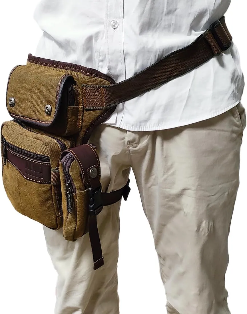 Men Waist Leg Bag Canvas Motorcycle Fanny Waist Pack One Shoulder Drop Leg Thigh Bag Hiking Traveling Fishing Waist Leg Bag Coffee