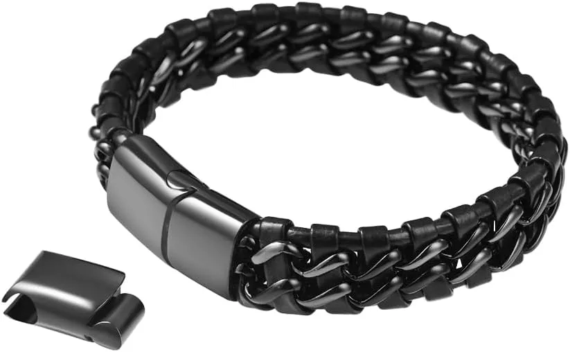Men's Braided Genuine Leather Link Steel Chain Bracelet