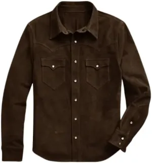 Men's Cowboy Western Roughout Style Soft Suede Leather Shirt - Genuine Suede Journeyman Shacket Jacket Men