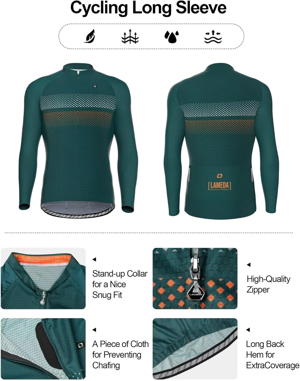 Men's Cycling Jersey Long Sleeve, Breathable Moisture Wicking Bike Shirt, Lightweight Biking Shirt with 3 Rear Pockets