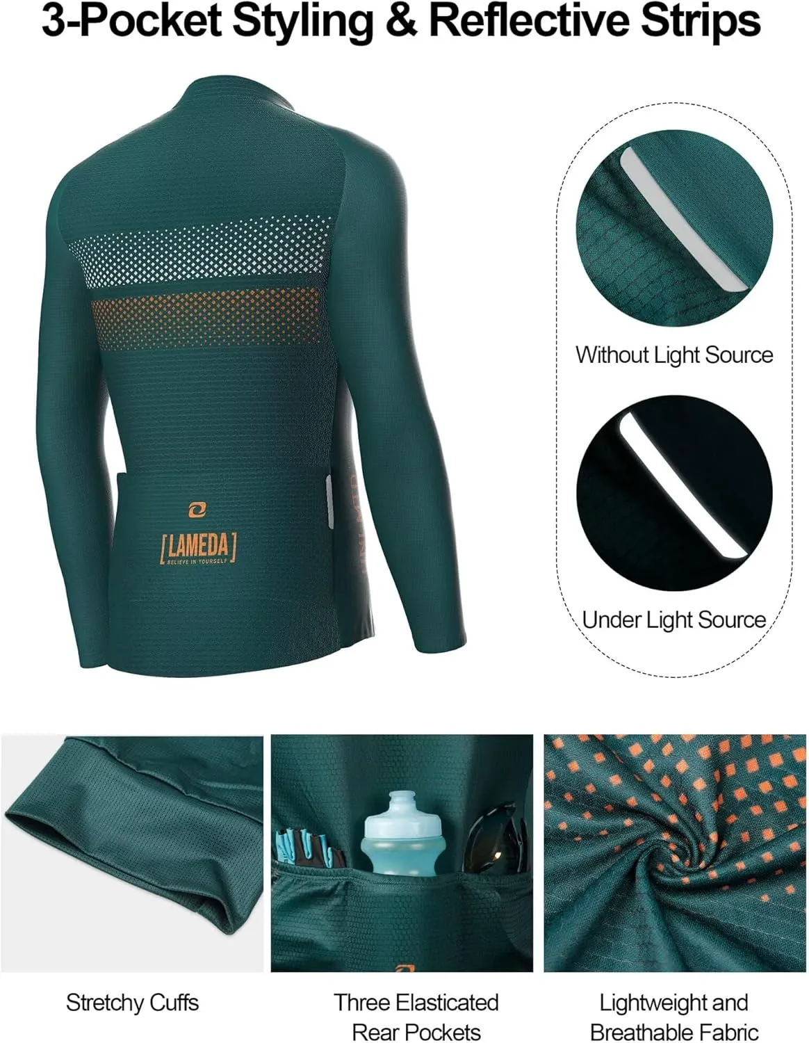 Men's Cycling Jersey Long Sleeve, Breathable Moisture Wicking Bike Shirt, Lightweight Biking Shirt with 3 Rear Pockets