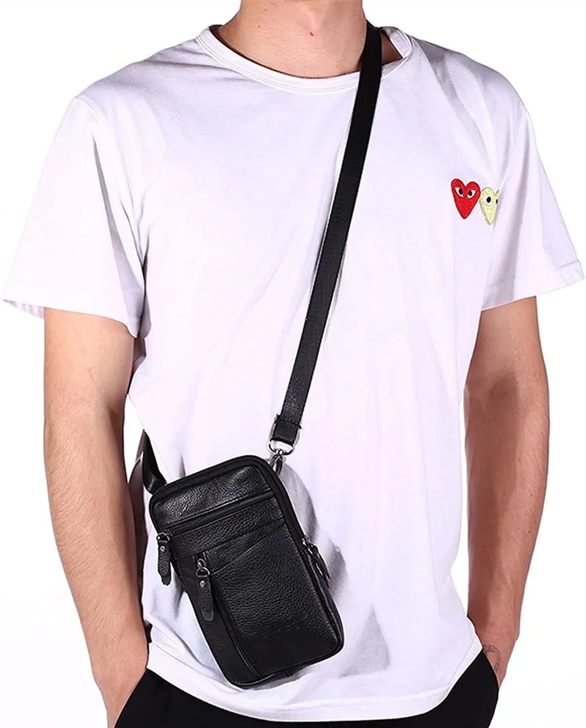 Men's Leather Fashion Phone Pouch Belt Bag Shoulder Crossbody Fanny Pack Small Crossbody Bag(Black)