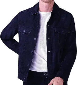 Men’s Midnight Blue Genuine Suede Vintage Leather Jacket Classic Shirt Collar Cowboy American Style Slim Casual Soft Coat