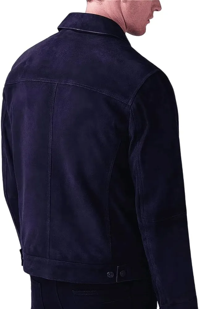 Men’s Midnight Blue Genuine Suede Vintage Leather Jacket Classic Shirt Collar Cowboy American Style Slim Casual Soft Coat