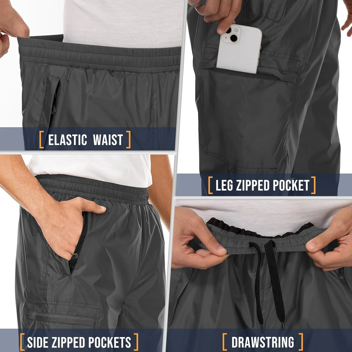 Men's Rain Pants Waterproof Over Pants Windproof Outdoor Hiking Pants for Golf, Fishing，Cycling