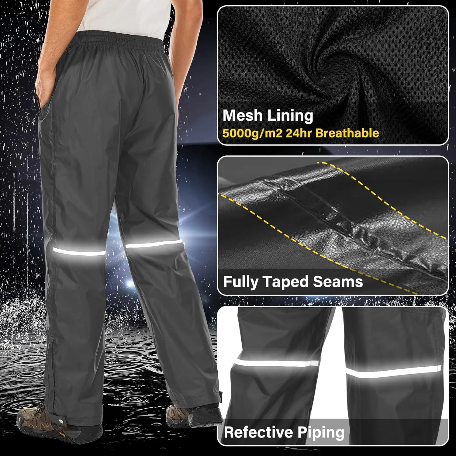 Men's Rain Pants Waterproof Over Pants Windproof Outdoor Hiking Pants for Golf, Fishing，Cycling