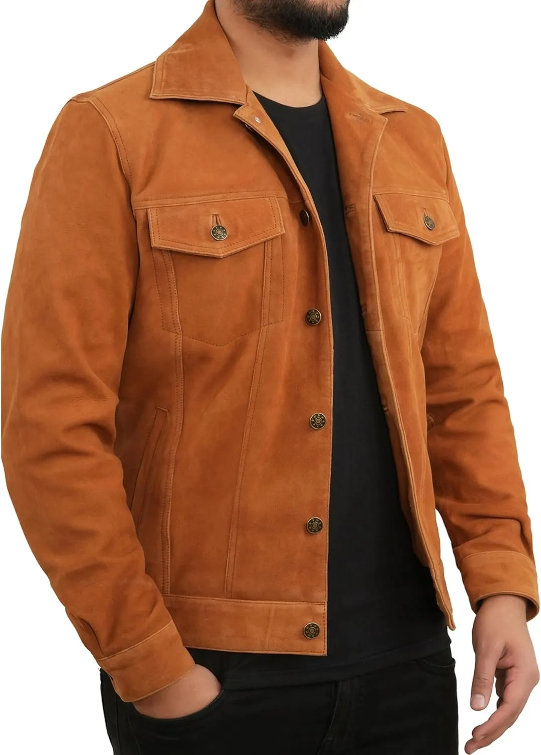 Men's Suede Leather Jacket | Genuine Suede Leather Trucker Jacket Shirt Collar Slim Fit Denim Style