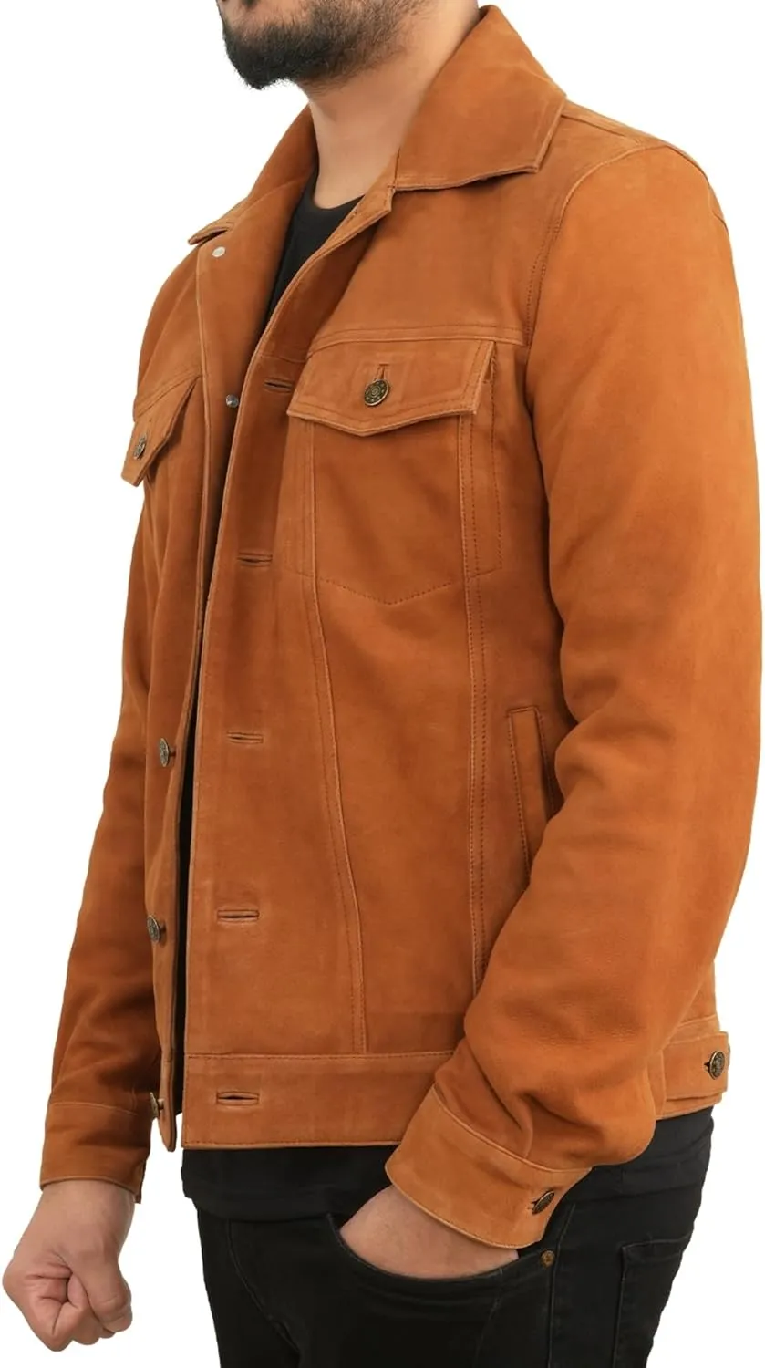 Men's Suede Leather Jacket | Genuine Suede Leather Trucker Jacket Shirt Collar Slim Fit Denim Style