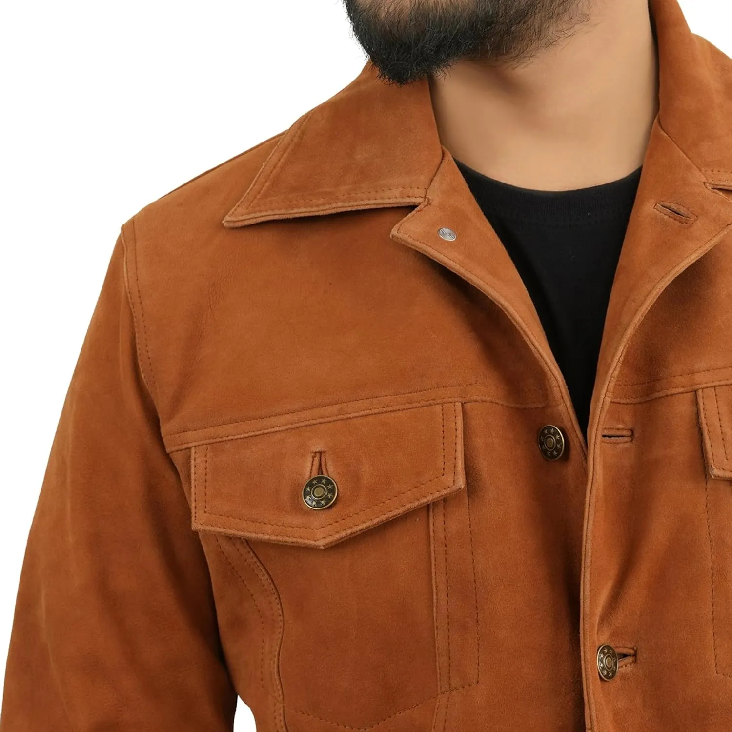 Men's Suede Leather Jacket | Genuine Suede Leather Trucker Jacket Shirt Collar Slim Fit Denim Style
