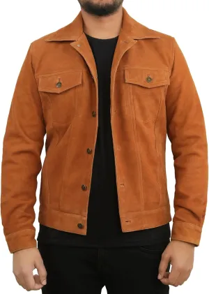 Men's Suede Leather Jacket | Genuine Suede Leather Trucker Jacket Shirt Collar Slim Fit Denim Style