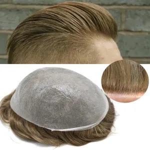 Mens Toupee Human Hair Replacement System Full Poly Thin Skin Toupee For Men V-looped Hairpiece Soft Male Protheses Hair Units 8"x10" #1710#17 DARK ASH BLONDE 10% GREY 90% Density