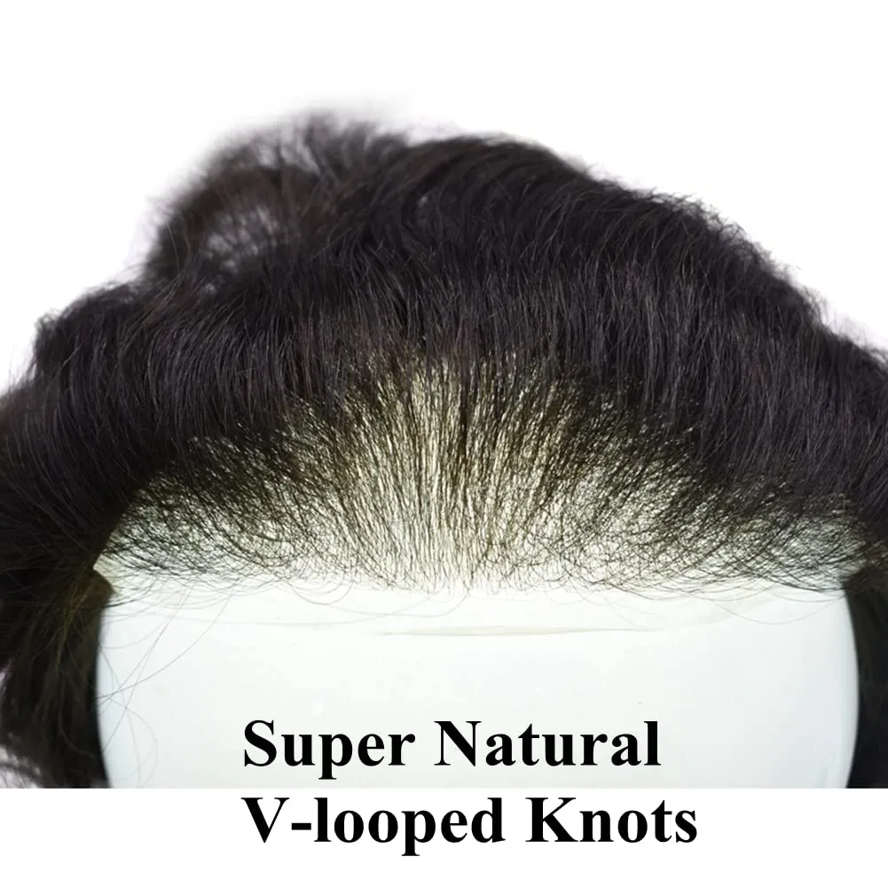 Mens Toupee with Human Hair 0.06-0.08mm Natural Thin Skin Base Size 8x10 inch Human Hair Pieces Replacement System for Men (8X10" WXL-100%Light Med-Light Density, 1B#-Natural Black)
