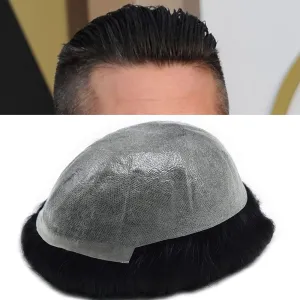 Mens Toupee with Human Hair 0.06-0.08mm Natural Thin Skin Base Size 8x10 inch Human Hair Pieces Replacement System for Men (8X10" WXL-100%Light Med-Light Density, 1B#-Natural Black)