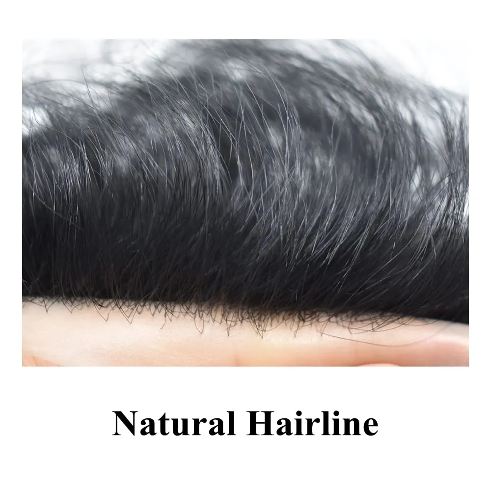 Mens Toupee with Human Hair 0.06-0.08mm Natural Thin Skin Base Size 8x10 inch Human Hair Pieces Replacement System for Men (8X10" WXL-100%Light Med-Light Density, 1B#-Natural Black)