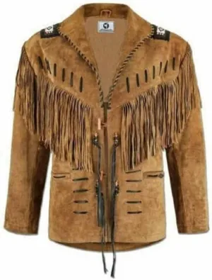 Mens Traditional Buckskin Cowboy Suede Leather Jacket Western Fringe/Beads Native American