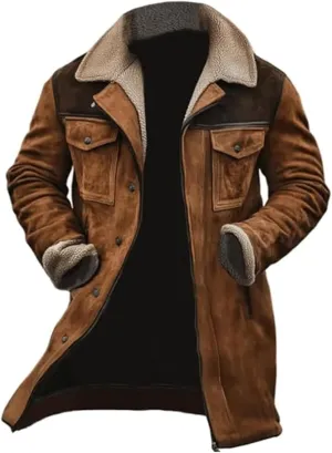 Men's Vintage Suede Jacket Plush Collar Coats Faux Leather Jacket Men Zip Up Motorcycle Jacket Coats Retro Tops