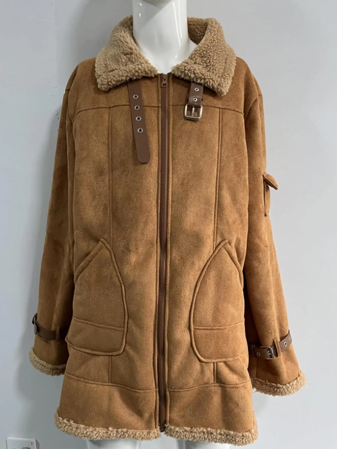 Men'S Vintage Suede Jacket Plush Collar Coats Faux Leather Jacket Men Zip Up Motorcycle Jacket Coats Retro Tops