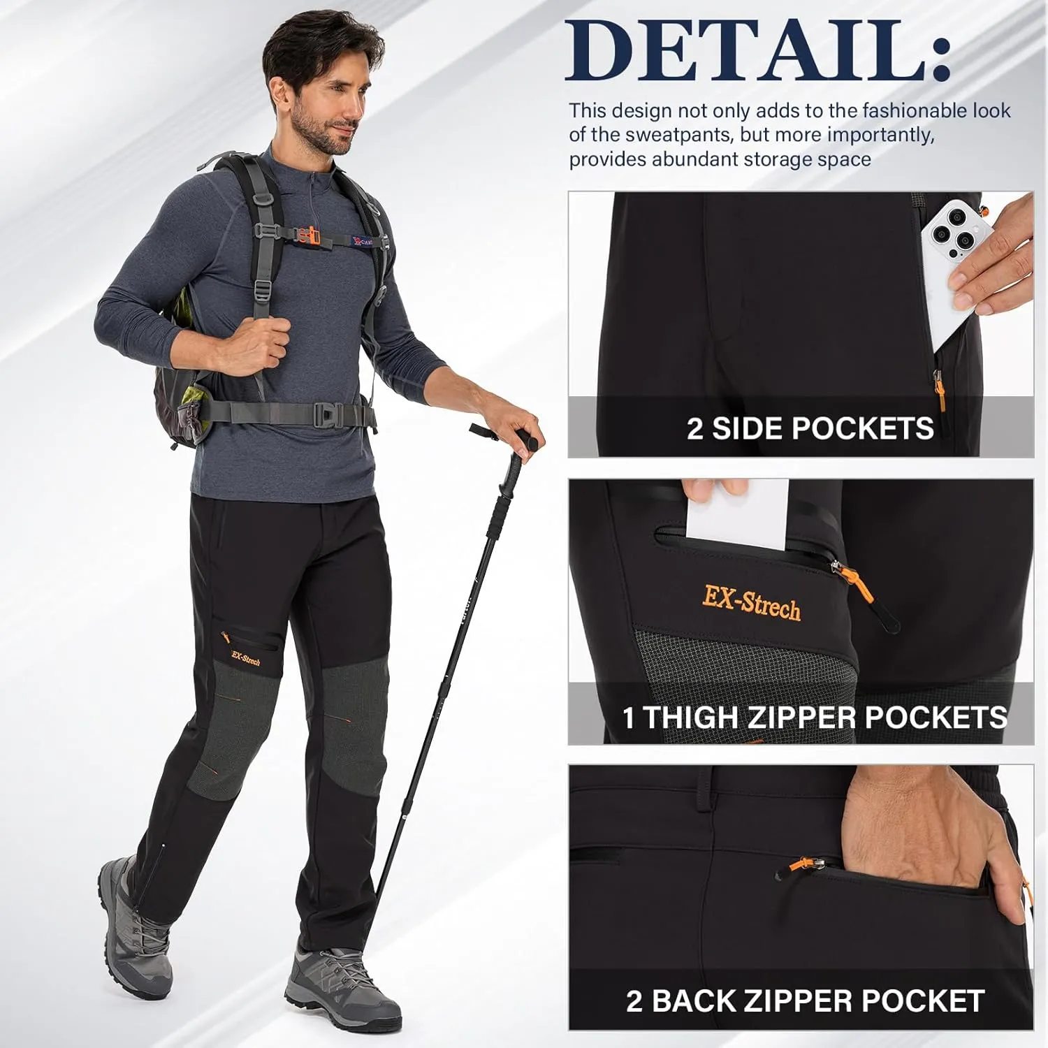 Mens Waterproof Hiking Pants,Snow Ski Fleece Lined Insulated Pants Soft Shell Winter Pants Camping Fishing Work Outdoor