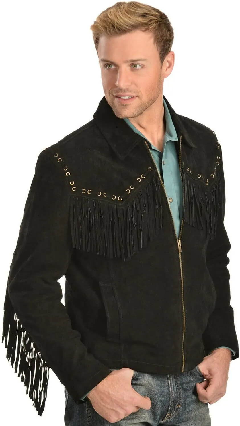 Men's Western Cowboy Leather Jacket Suede and Fringe Zipper Closure -Black