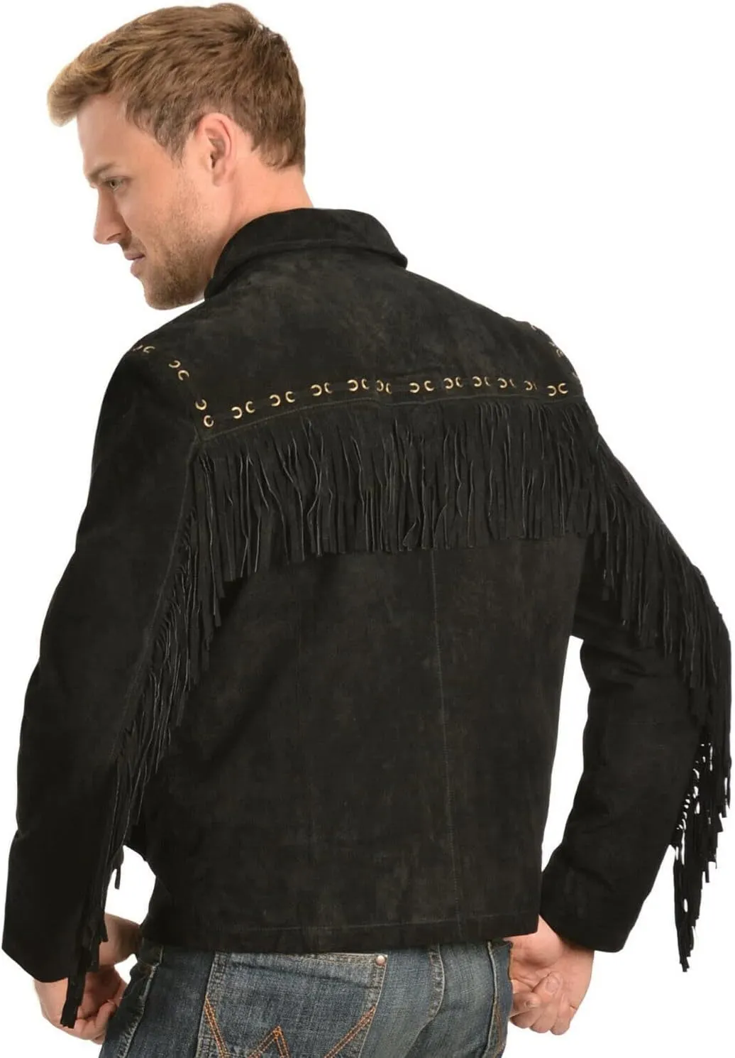 Men's Western Cowboy Leather Jacket Suede and Fringe Zipper Closure -Black