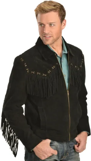 Men's Western Cowboy Leather Jacket Suede and Fringe Zipper Closure -Black