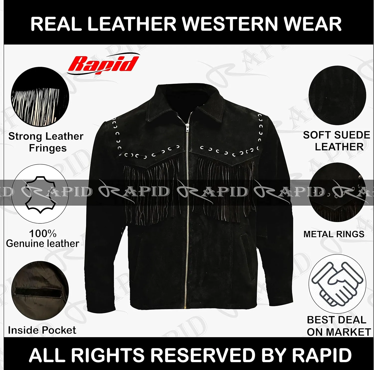 Men's Western Cowboy Leather Jacket Suede and Fringe Zipper Closure -Black