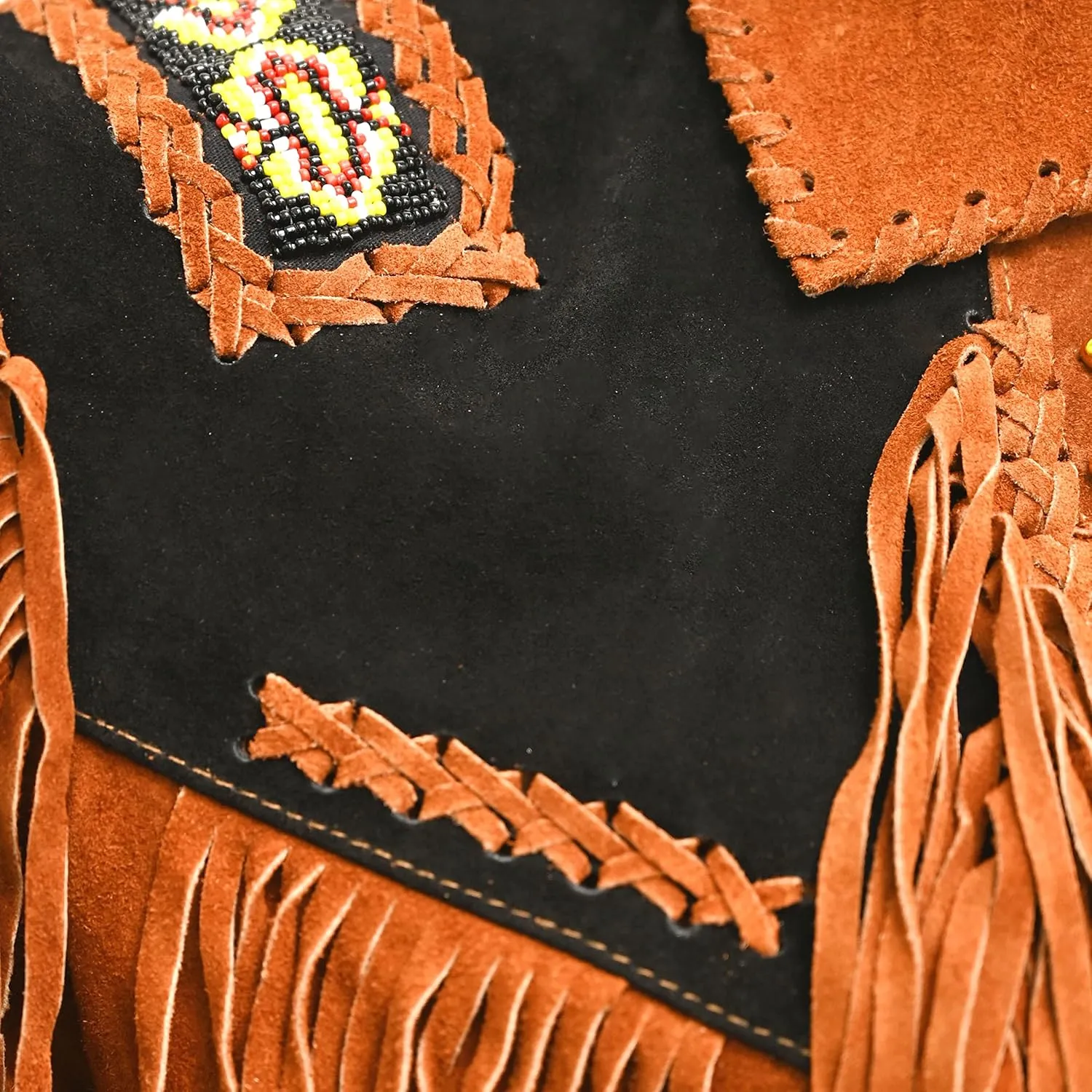 Men's Western Cowboy Leather Jacket with Fringed Native American Suede Beaded Traditional Leather Coat