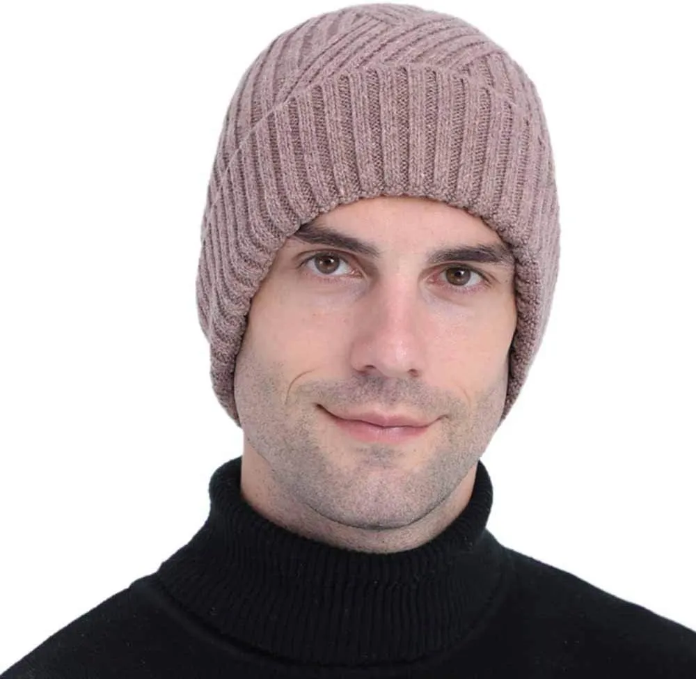 Mens Winter Knit Twill Beanie Hat Fleece Lined Ear Warmer Roll up Edge Skullcap