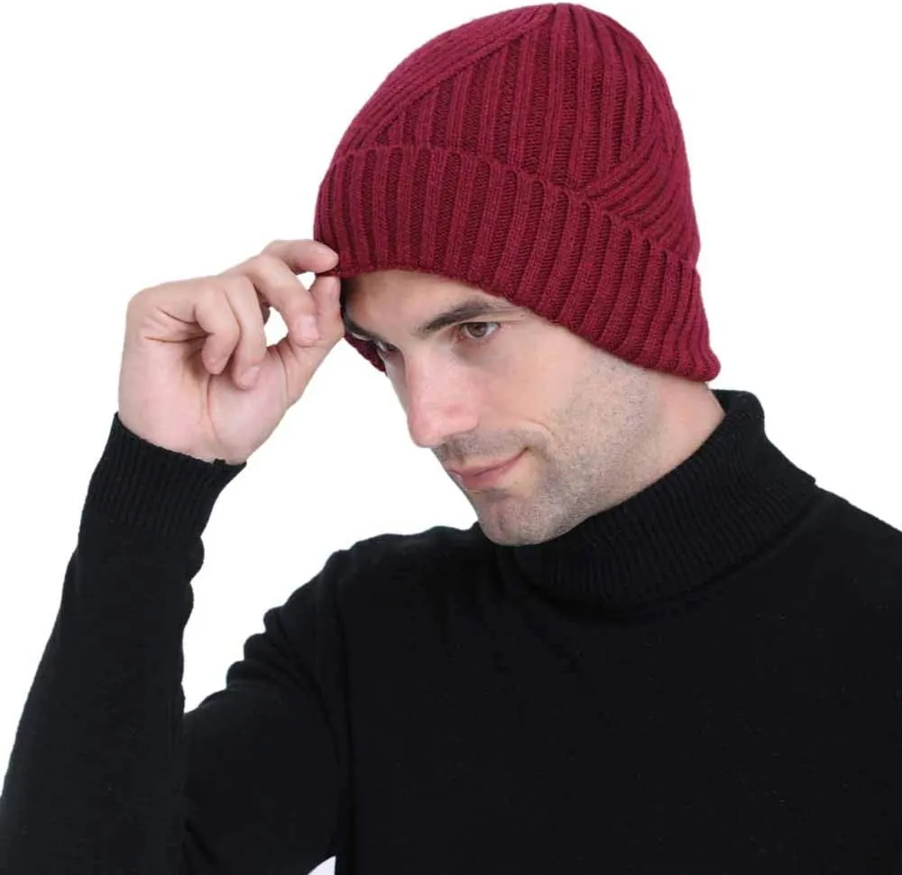 Mens Winter Knit Twill Beanie Hat Fleece Lined Ear Warmer Roll up Edge Skullcap