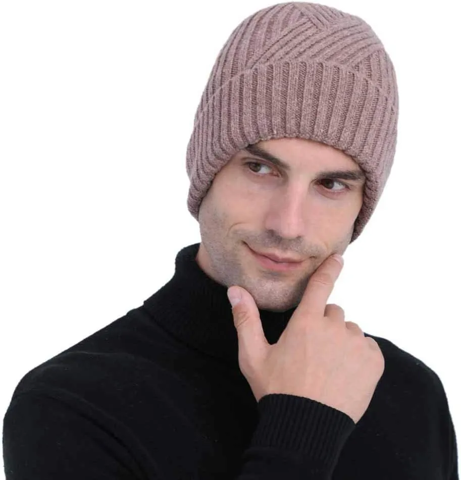 Mens Winter Knit Twill Beanie Hat Fleece Lined Ear Warmer Roll up Edge Skullcap