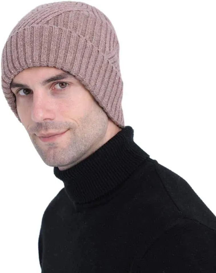 Mens Winter Knit Twill Beanie Hat Fleece Lined Ear Warmer Roll up Edge Skullcap
