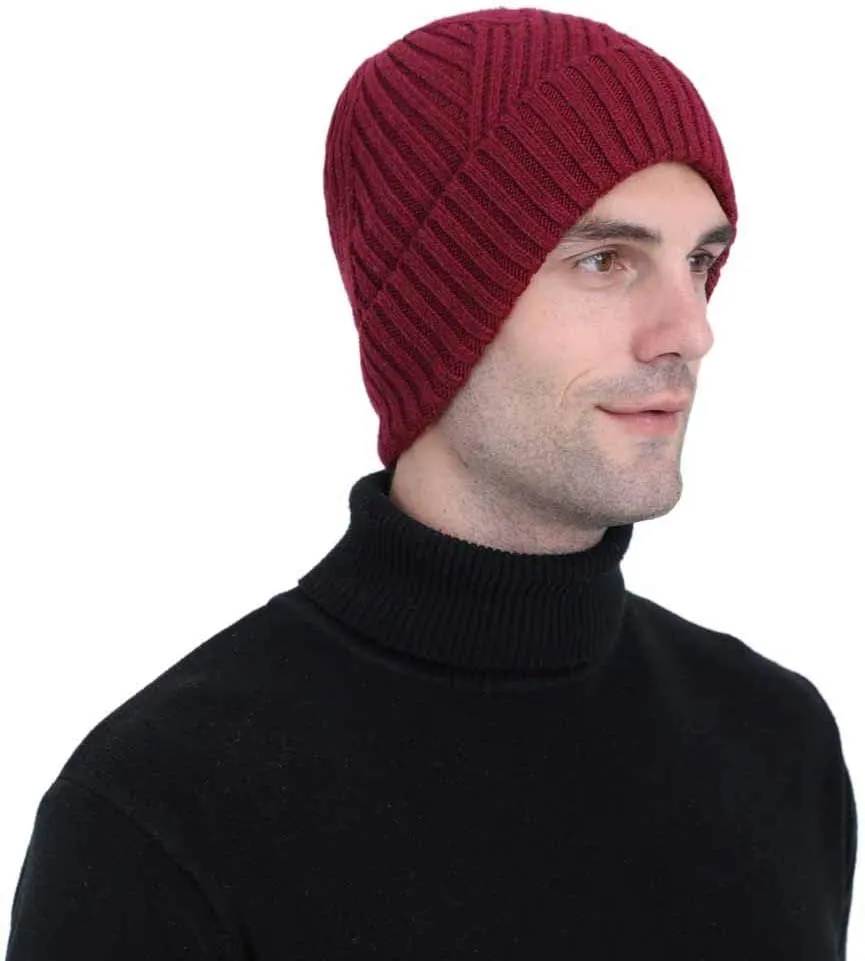 Mens Winter Knit Twill Beanie Hat Fleece Lined Ear Warmer Roll up Edge Skullcap