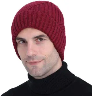 Mens Winter Knit Twill Beanie Hat Fleece Lined Ear Warmer Roll up Edge Skullcap